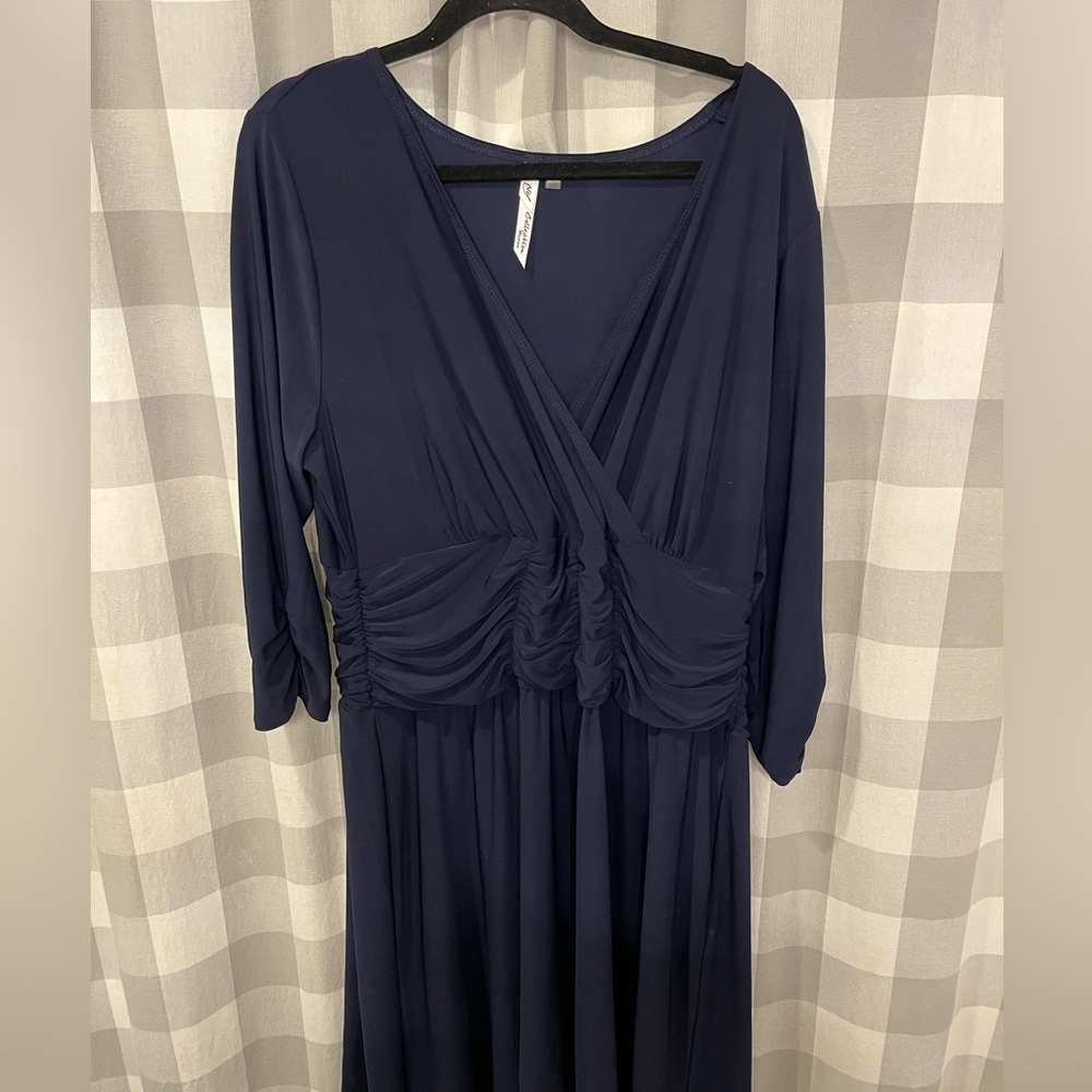 Navy Blue V Neck Empire Waist Long Sleeve Dress 2X